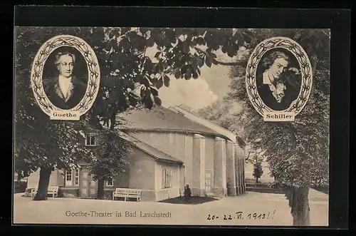 AK Bad Lauchstedt, Goethe-Theater mit Porträts von Goethe und Schiller