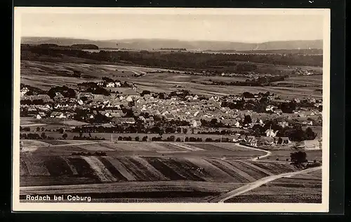 AK Rodach bei Coburg, Totalansicht von einem Berg aus