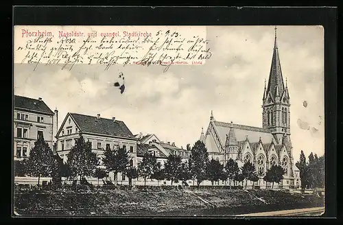 AK Pforzheim, Nagoldstrasse und evangel. Kirche