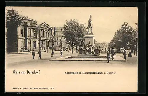 AK Düsseldorf, Alleestrasse mit Bismarckdenkmal und Theater