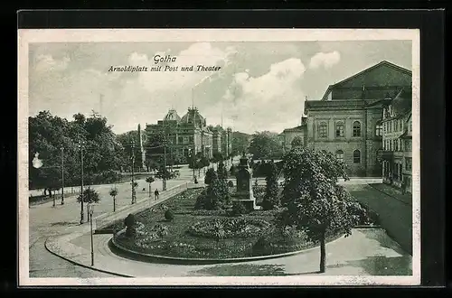 AK Gotha, Arnoldiplatz mit Post und Theater