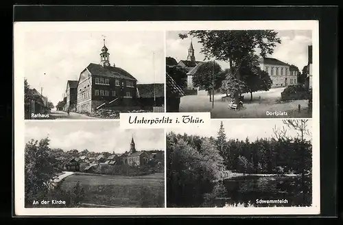 AK Unterpörlitz i. Thür., Rathaus, Dorfplatz, an der Kirche, Schwemmteich