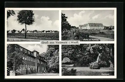AK Versmold in Westf., Neue Siedlung, Städtisches Krankenhaus, Partie am Hohlweg, Stadtpark