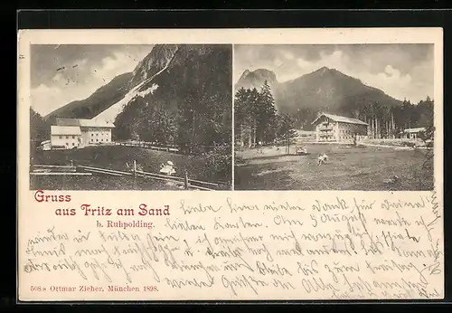 AK Ruhpolding, Bergsporthotel Fritz am Sand in zwei Ansichten