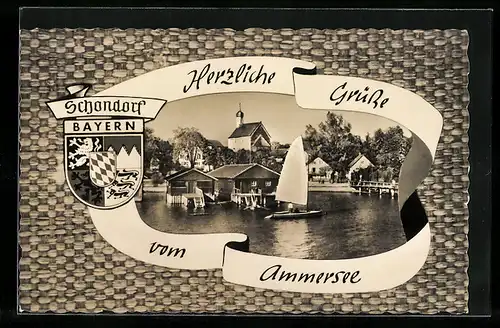 AK Schondorf am Ammersee, ältestes Kirchlein am See mit Wappen