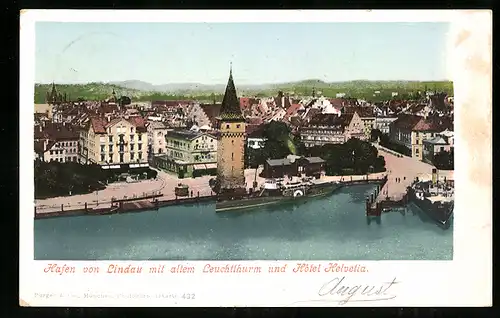 AK Lindau, Hafen mit altem Leuchtturm und Hotel Helvetia
