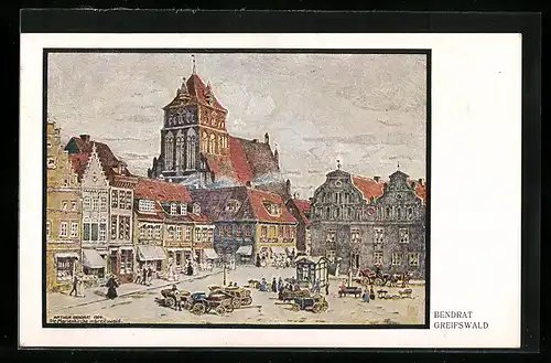 Künstler-AK Greifswald, Marktplatz mit Marienkirche