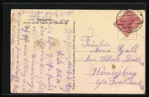 AK Pforzheim, Partie an der Nagold mit Stadtkirche