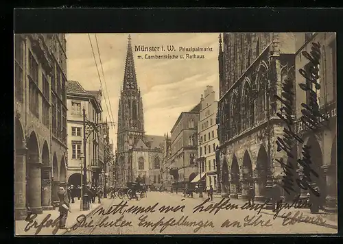 AK Münster i. W., Prinzipalmarkt mit Lambertikirche und Rathaus