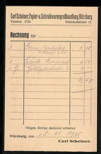 AK Würzburg, Geschäfts-Rechnung Papier- und Schreibwarengrosshandlung Carl Scheiner