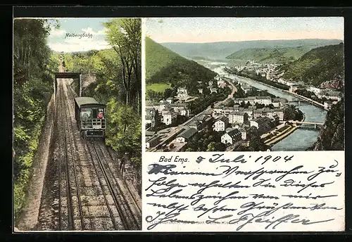 AK Bad Ems, Ortsansicht aus der Vogelschau und Malbergbahn