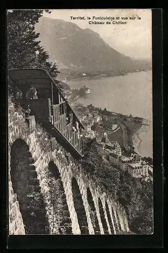 AK Territet, Le Funiculaire et vue sur le Chateau de Chillon, Bergbahn