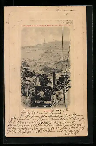 AK Genova, Panorama colla funicolaire elettrica del Castellaccio, Bergbahn