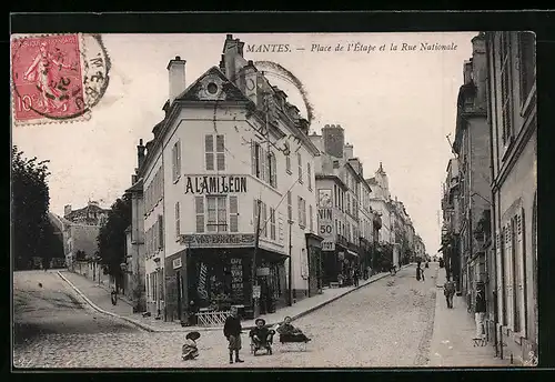AK Mantes, Place de l`Etape et la Rue Nationale