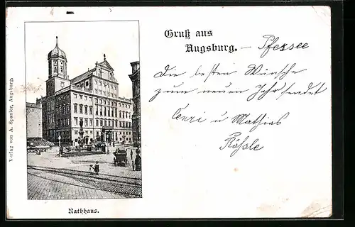 AK Augsburg, am Denkmal vor dem Rathaus