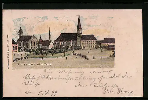 Künstler-AK Altötting, Passanten auf dem Stadtplatz vor der Kirche