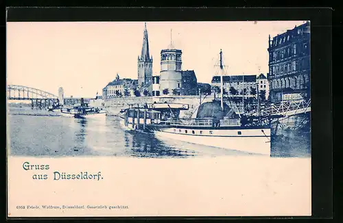 AK Düsseldorf, Schiff am Rheinufer