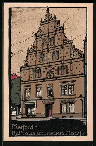 Steindruck-AK Herford, Rathaus am neuen Markt