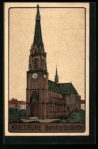 Steindruck-AK Karlsruhe, Ansicht der Bernharduskirche