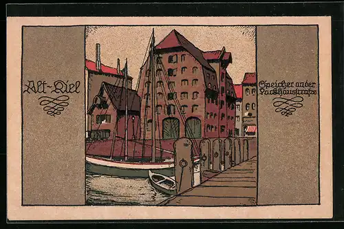 Steindruck-AK Kiel, Alt-Kiel - Speicher an der Packhausstrasse