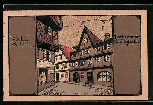 Steindruck-AK Kiel, Partie aus der Schlossstrasse in Alt-Kiel