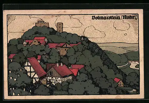 Steindruck-AK Volmarstein /Ruhr, Ortsansicht mit einer Burg