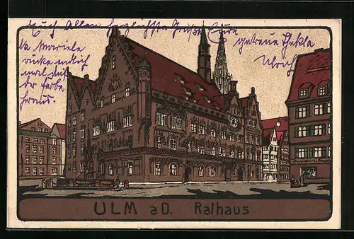 Steindruck-AK Ulm a. D., Blick auf das Rathaus
