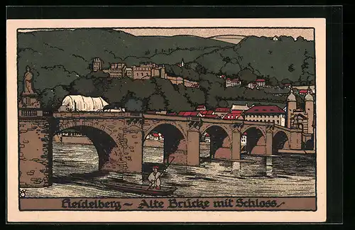 Steindruck-AK Heidelberg, Alte Brücke mit Schloss