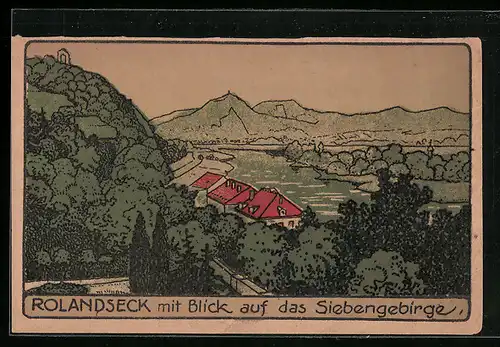 Steindruck-AK Rolandseck, Ortsansicht mit Blick auf das Siebengebirge