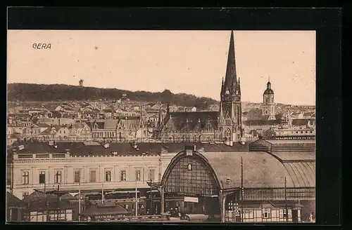 AK Gera, Teilansicht mit Kirche und Bahnhof