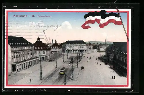 AK Karlsruhe, Bahnhof, Bahnhofsplatz und Strassenbahnen