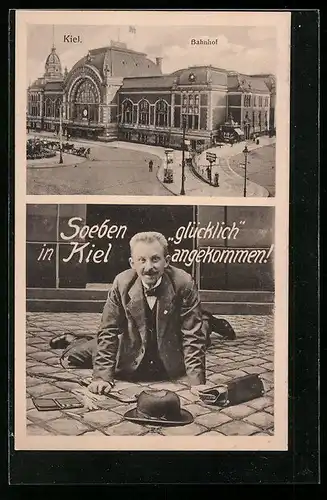 AK Kiel, Am Bahnhof, gestürzter Reisender