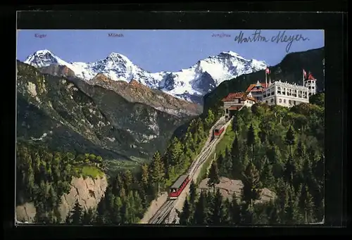 AK Interlaken-Heimwehfluh, Bergbahnen vor Bergpanorama