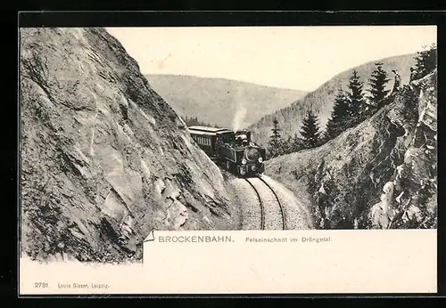 AK Brockenbahn, Felseinschnitt im Drängetal, Bergbahn