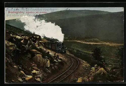 AK Brockenbahn, Eckerloch mit Brocken, Bergbahn