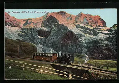 AK Wengernalp, Wengernalp Bahn und Blick zur Jungfrau, Bergbahn