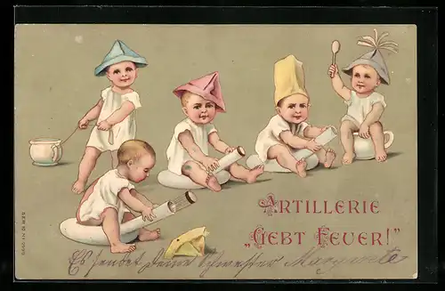 AK Toilettenhumor, Artillerie gebt Feuer!, Kleine Kinder auf dem Töpfchen