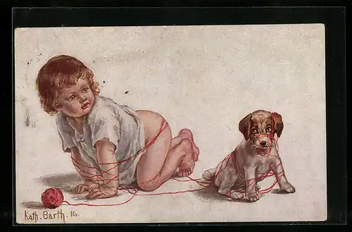 Künstler-AK K. Barth: Verwickelte Geschichte, Kleinkind und Hundewelpe