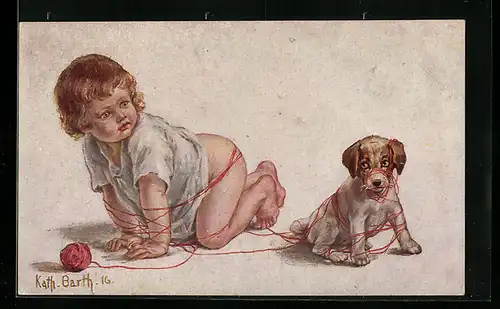 Künstler-AK K. Barth: Kleines Kind und Hund spielen erfolglos mit einem Wollknäuel, Verwickelte Geschichte