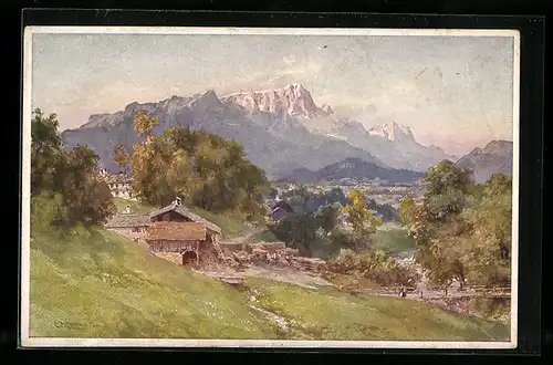 Künstler-AK Edward Theodore Compton: Untersberg-Schönau, Haus und Brücke, Bergidylle
