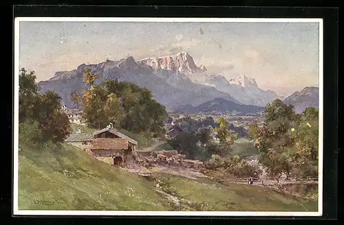 Künstler-AK Edward Theodore Compton: Untersberg-Schönau, Haus und Brücke, Bergidylle