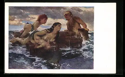 Künstler-AK Arnold Böcklin: Meeresidylle, Junge Familie beim Baden im Meer