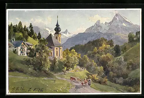 Künstler-AK Edward Theodore Compton: Gern, Ortspartie mit Kirche und Kuhhirtin gegen Watzmann