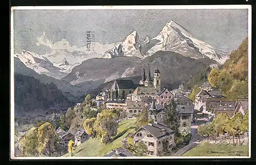 Künstler-AK Edward Harrison Compton: Berchtesgaden, Gesamtansicht mit schneebedeckten Gipfeln