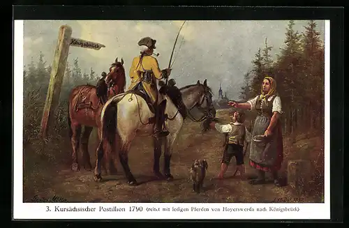 Künstler-AK Kursächsischer Postillon 1790, reitet mit ledigen Pferden von Hoyerswerda nach Königsbrück