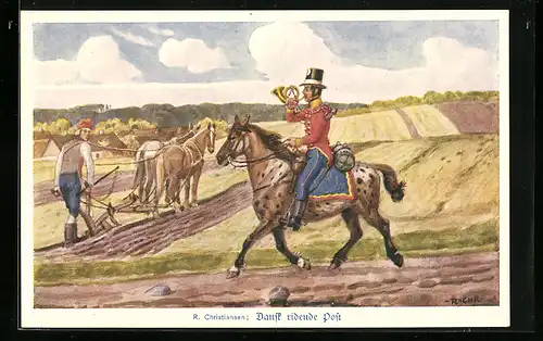 AK Trompetender Postillon reitet an pflügendem Bauern vorbei