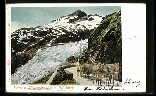 AK Furka, Rhonegletscher und Belvedere, Postkutsche