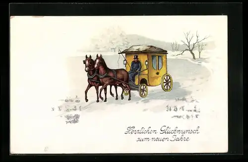 Künstler-AK Postkutsche reist durch die verschneite Winterlandschaft
