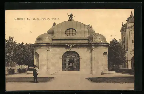 AK München, Blick auf Pavillon mit St. Hubertusbrunnen, Prinzregentenstrasse