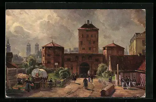 AK München, Isartor, historisches Gemälde